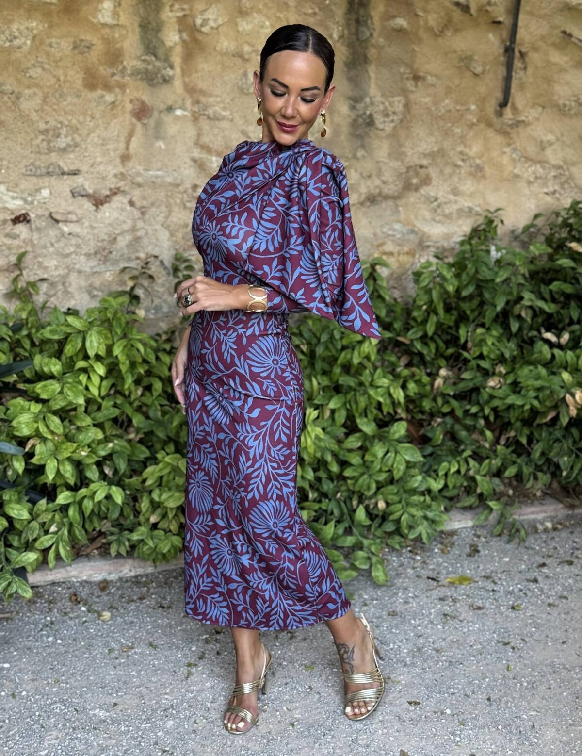 Vestido Lazada Hombro Estampado Celeste Vino - Imagen 2