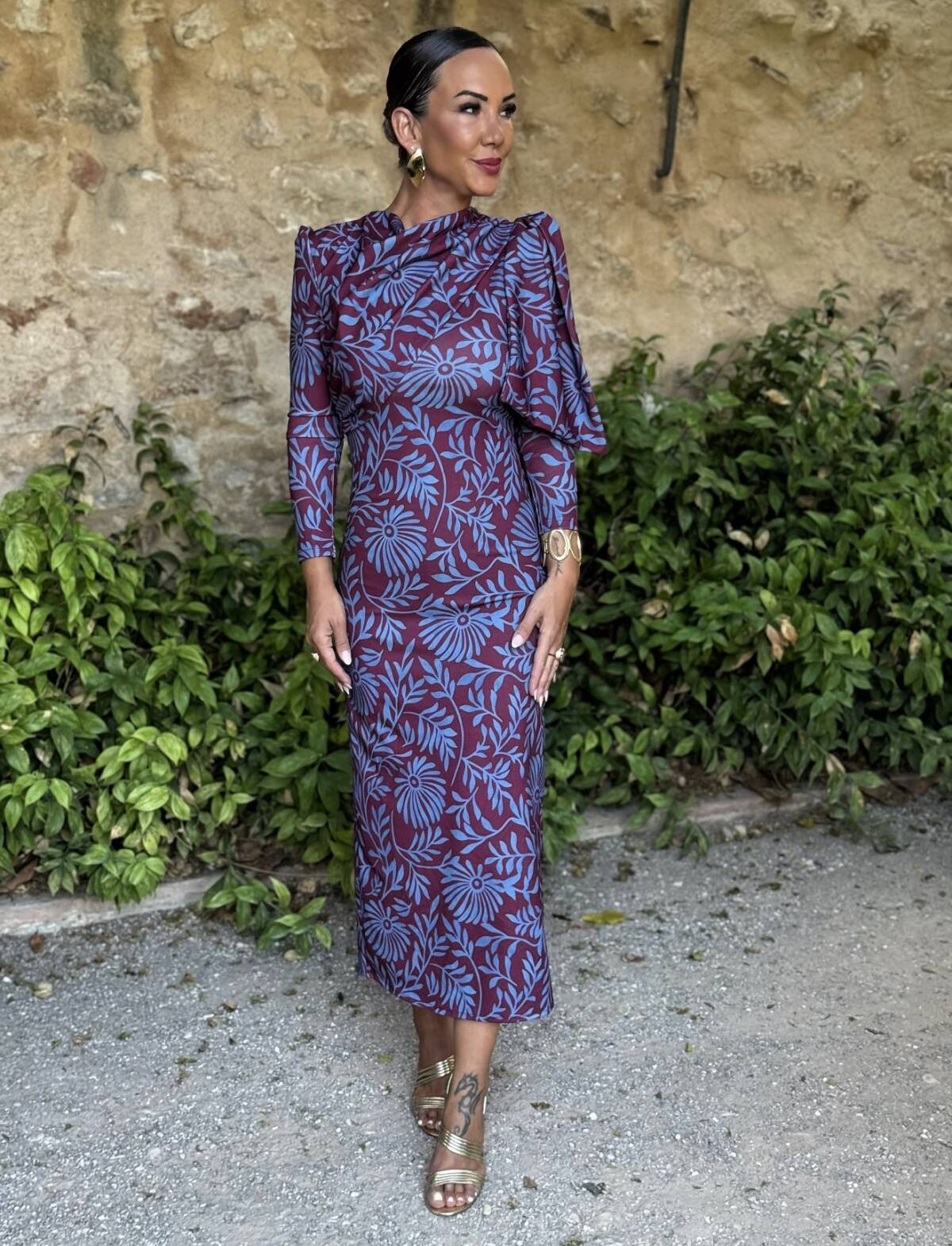 Vestido Lazada Hombro Estampado Celeste Vino - Imagen 3