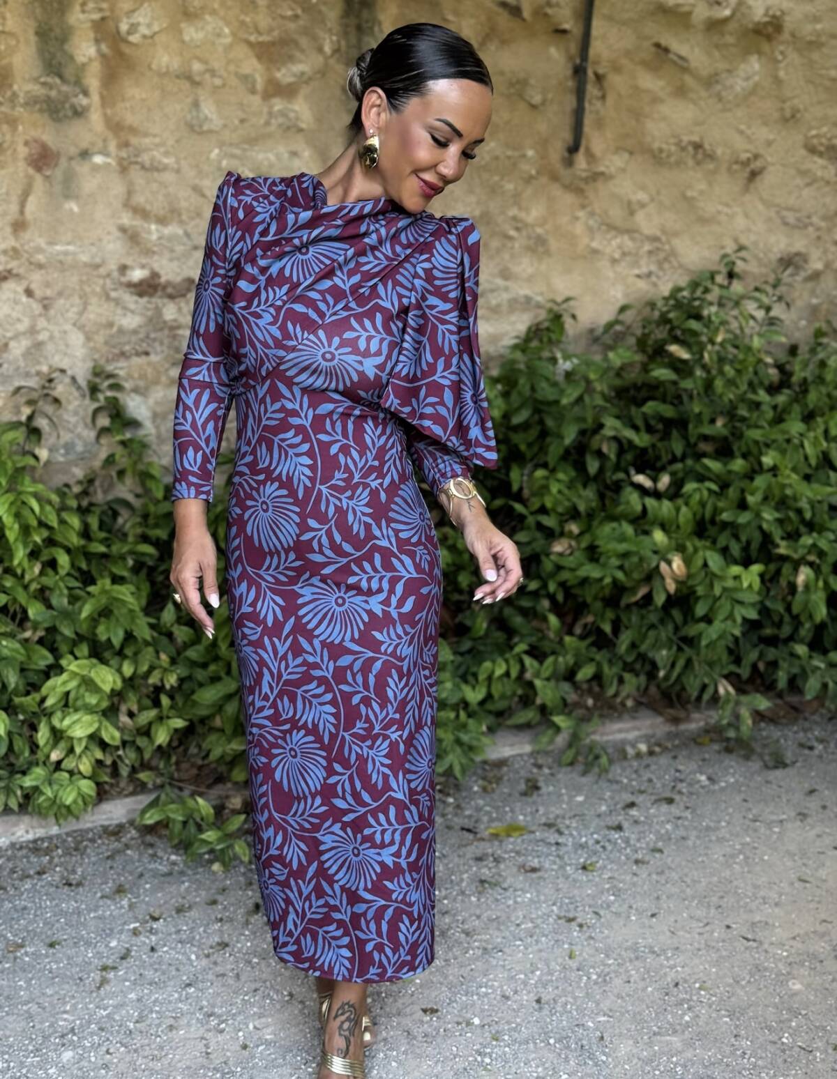 Vestido Lazada Hombro Estampado Celeste Vino - Imagen 5