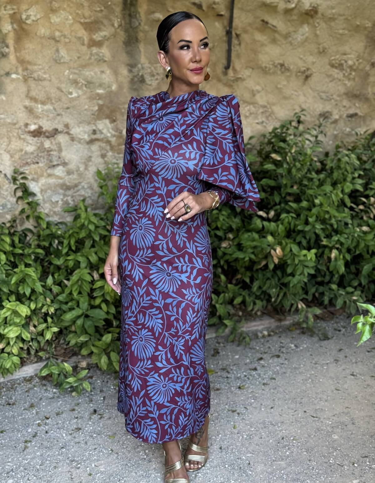 Vestido Lazada Hombro Estampado Celeste Vino - Imagen 7