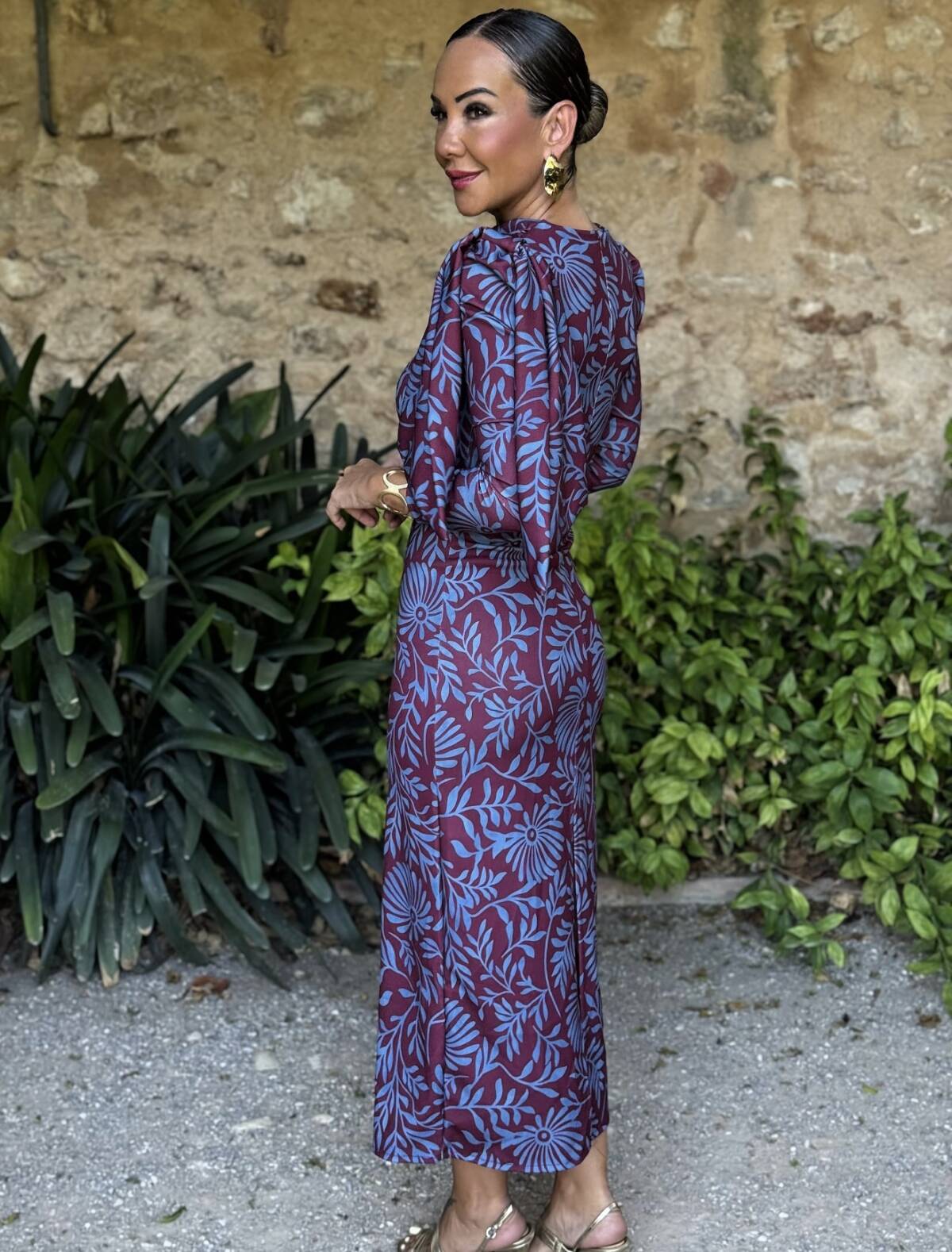 Vestido Lazada Hombro Estampado Celeste Vino - Imagen 6