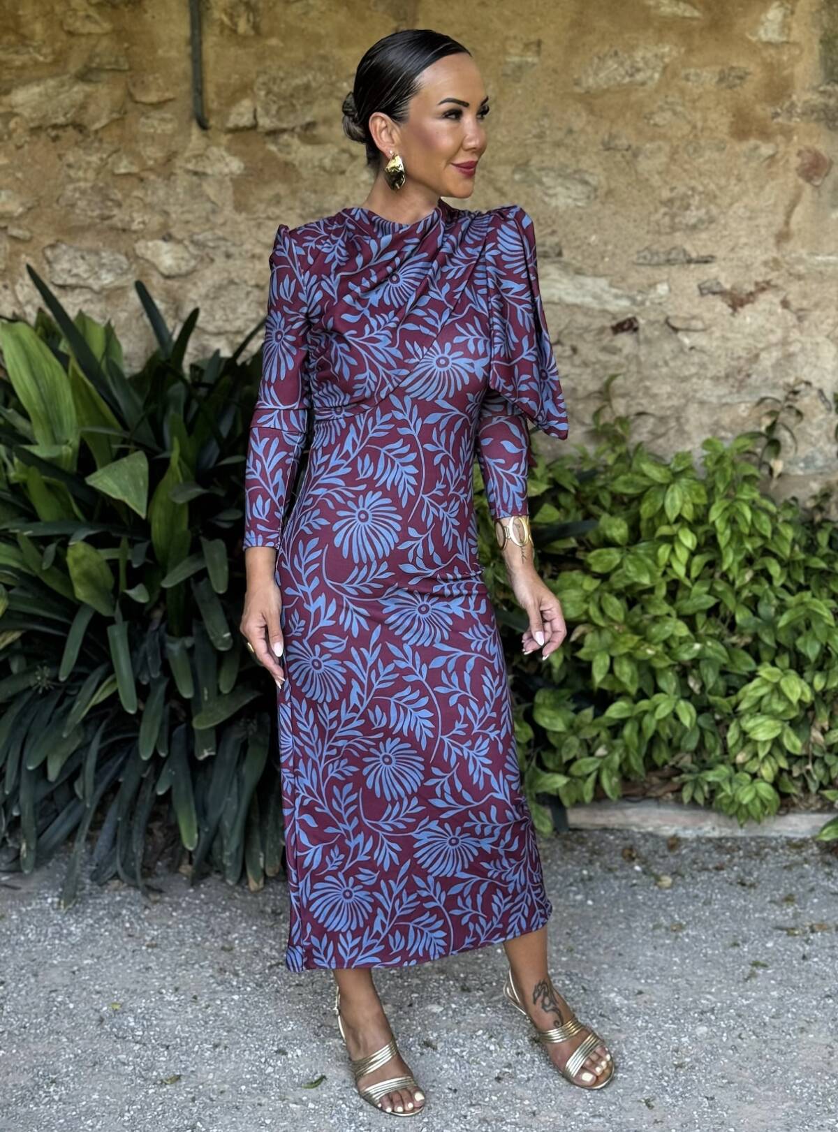 Vestido Lazada Hombro Estampado Celeste Vino - Imagen 8