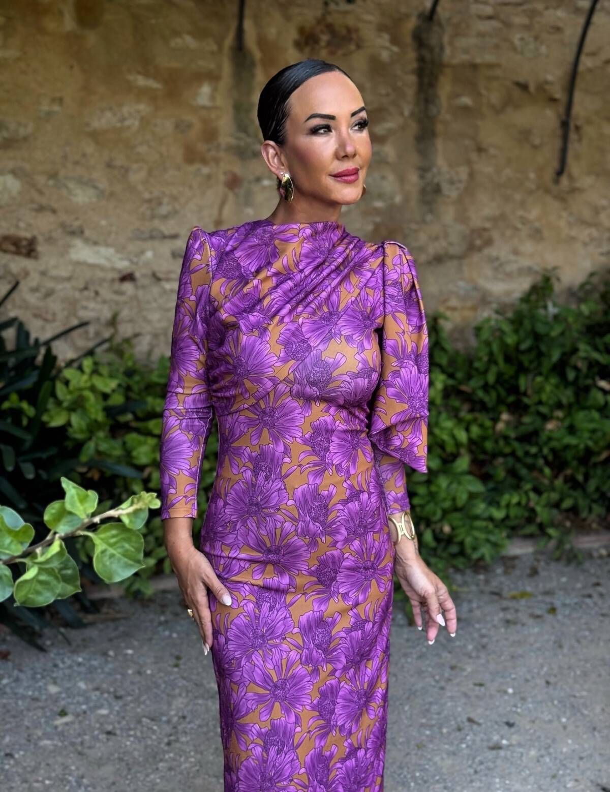 Vestido Lazada Hombro Estampado Lila Mostaza - Imagen 3
