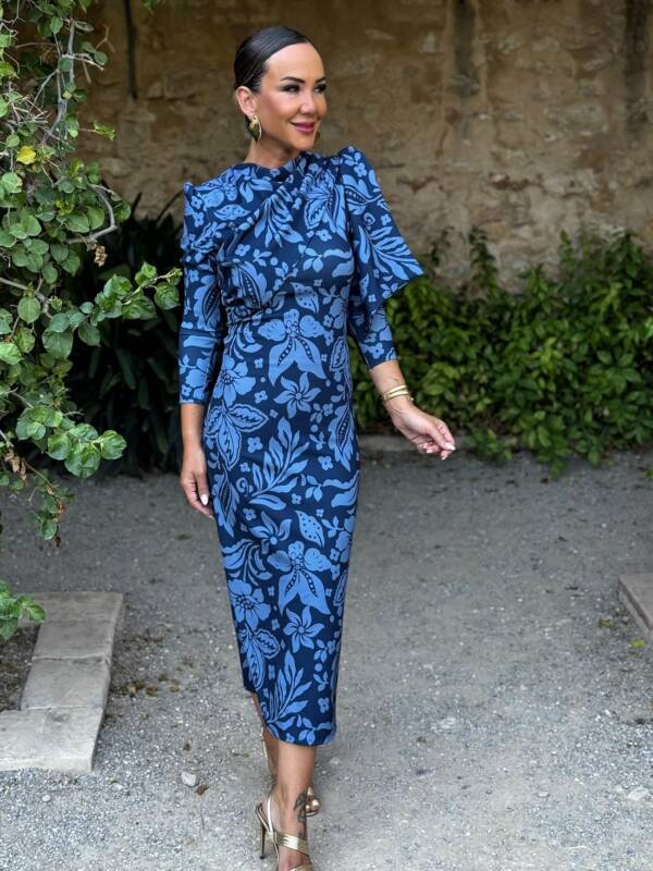 Vestido Lazada Hombro Estampado Marino Azul
