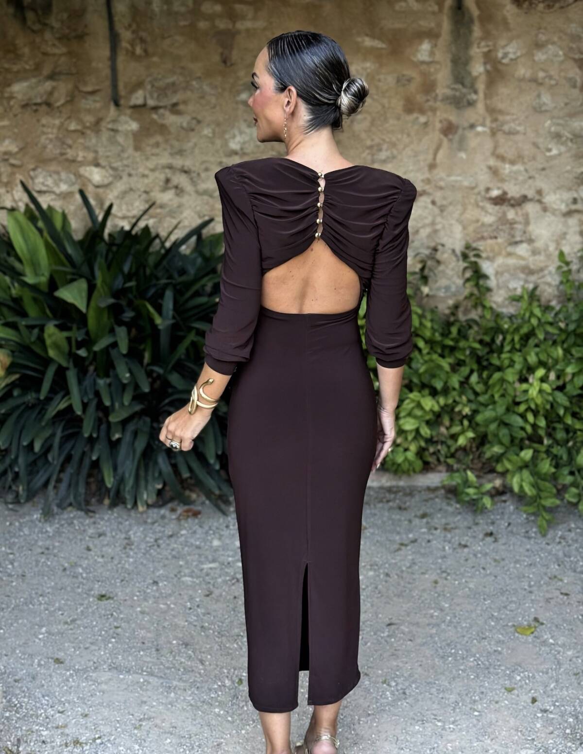 Vestido Midi Botones Punto Marrón - Imagen 3