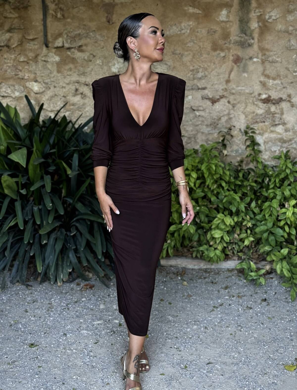 Vestido Midi Botones Punto Marrón - Imagen 2