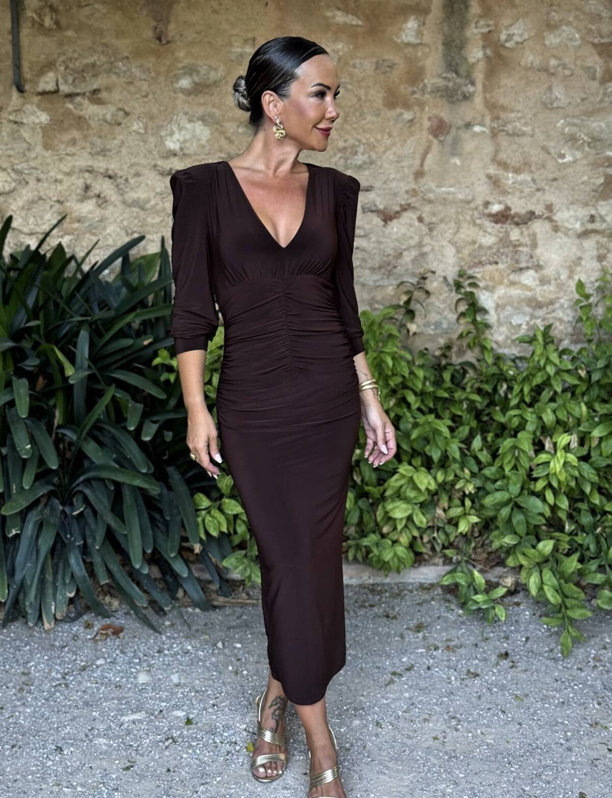Vestido Midi Botones Punto Marrón - Imagen 11