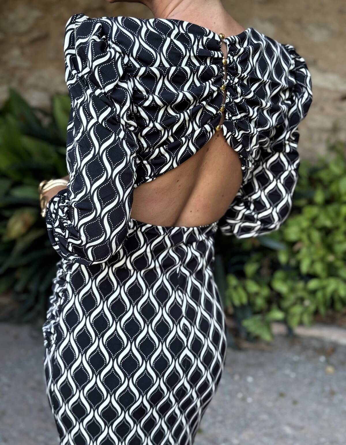 Vestido Midi Botones Punto Estampado Negro - Imagen 6