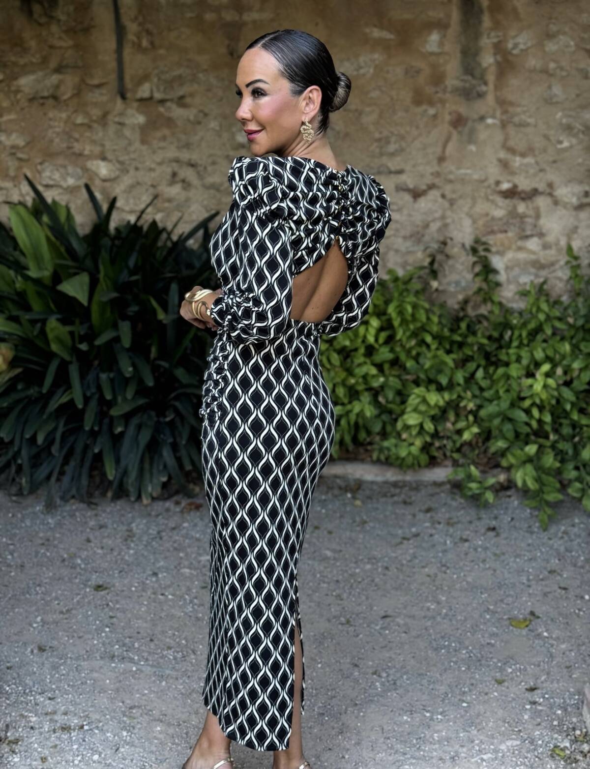 Vestido Midi Botones Punto Estampado Negro - Imagen 2