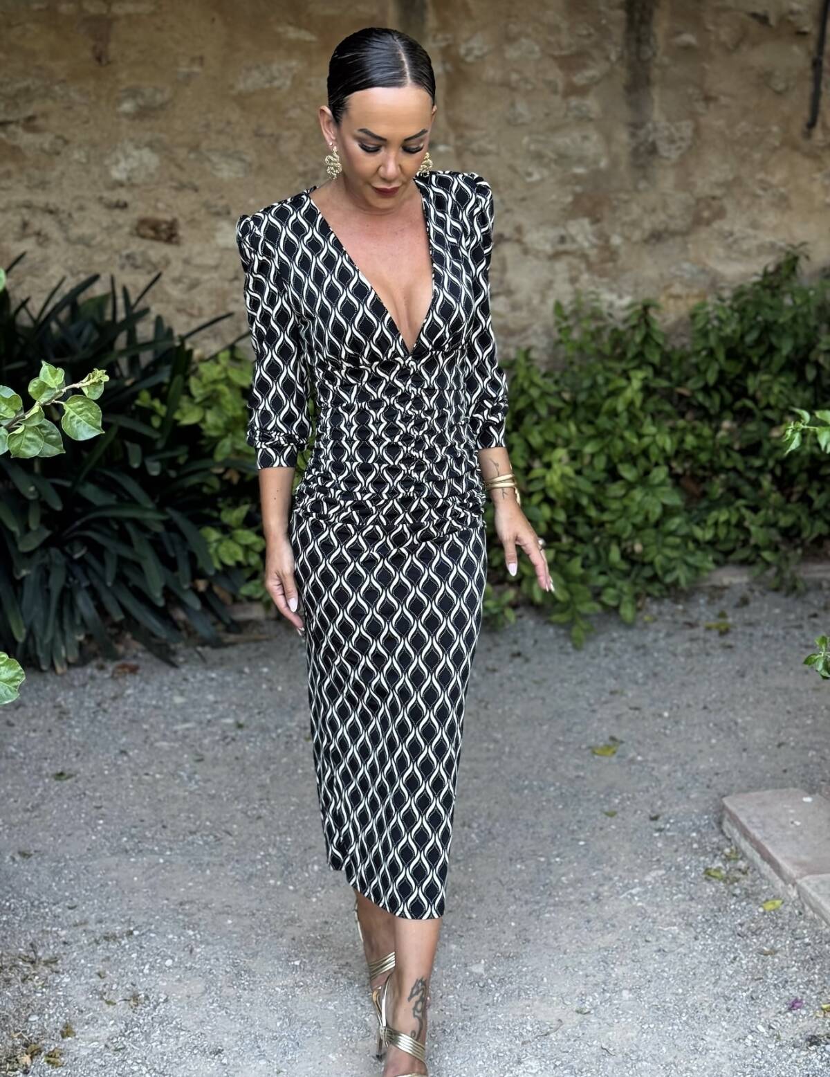 Vestido Midi Botones Punto Estampado Negro - Imagen 7