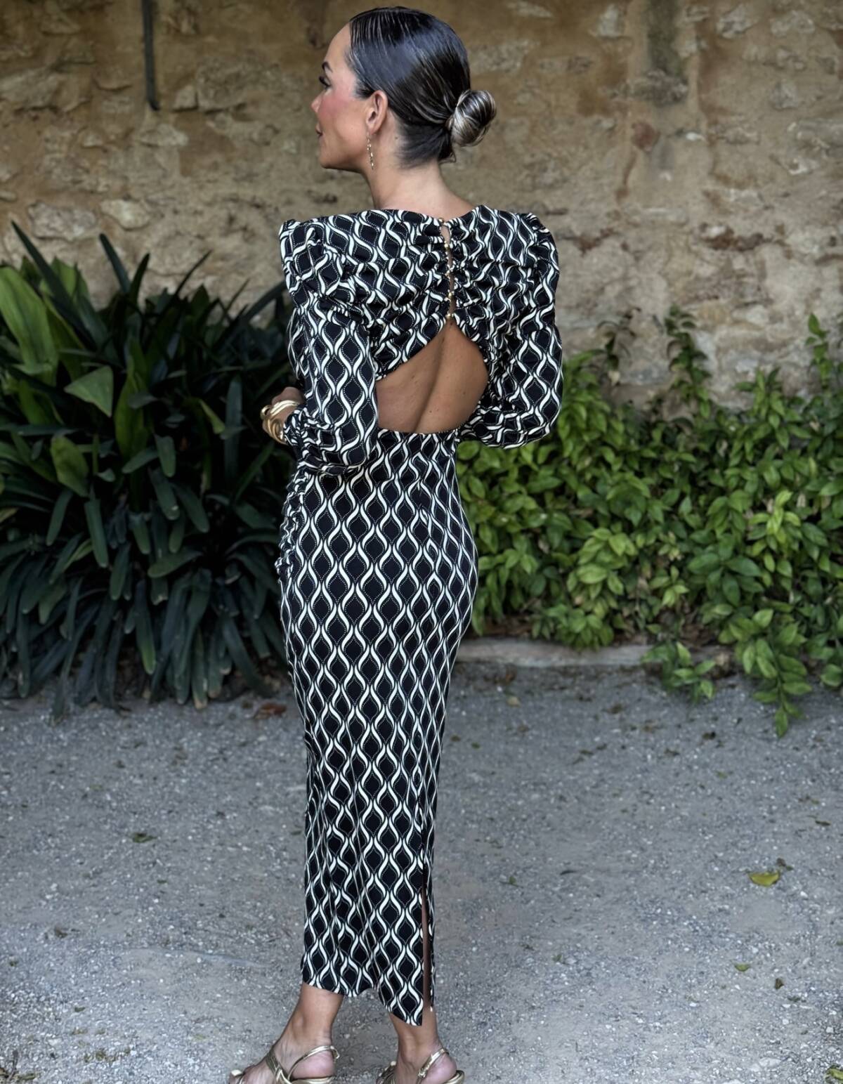 Vestido Midi Botones Punto Estampado Negro - Imagen 8