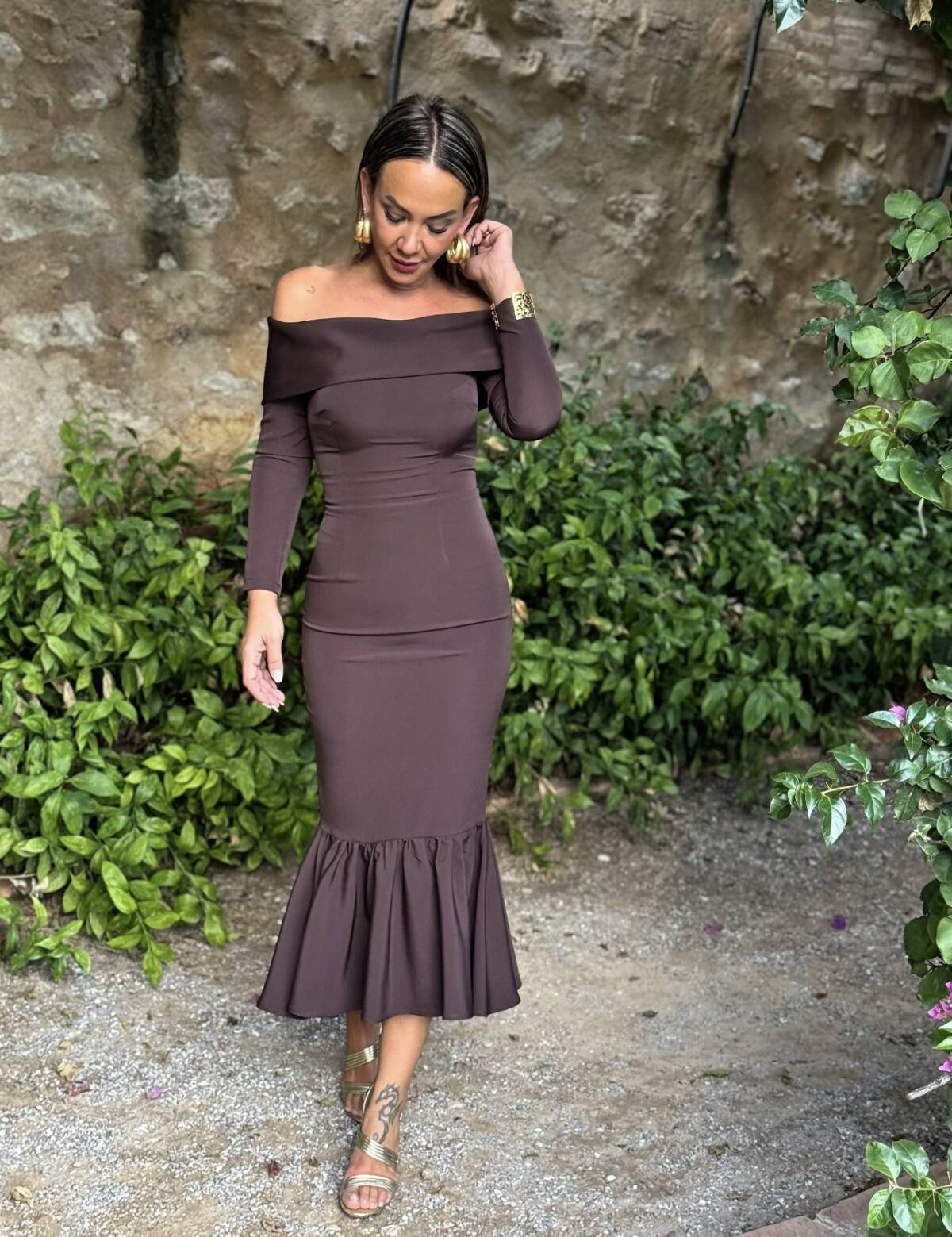 Vestido Bardot Cuello Marrón - Imagen 5