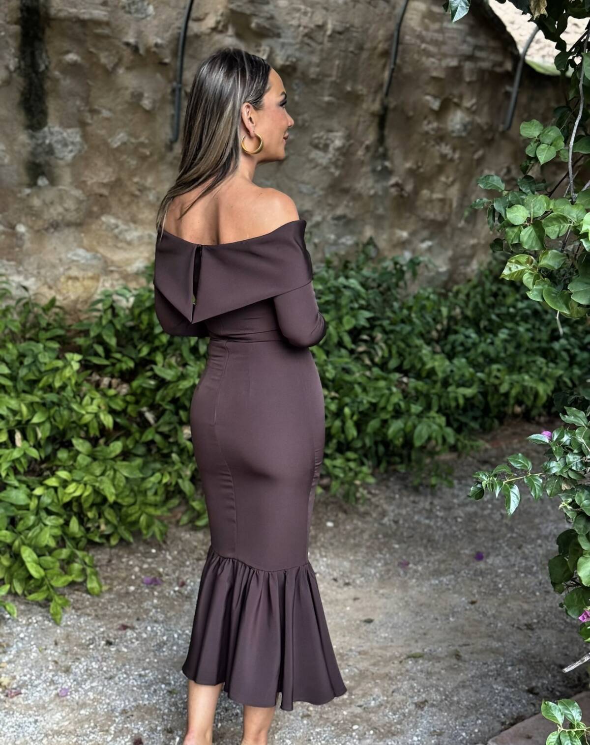 Vestido Bardot Cuello Marrón - Imagen 4