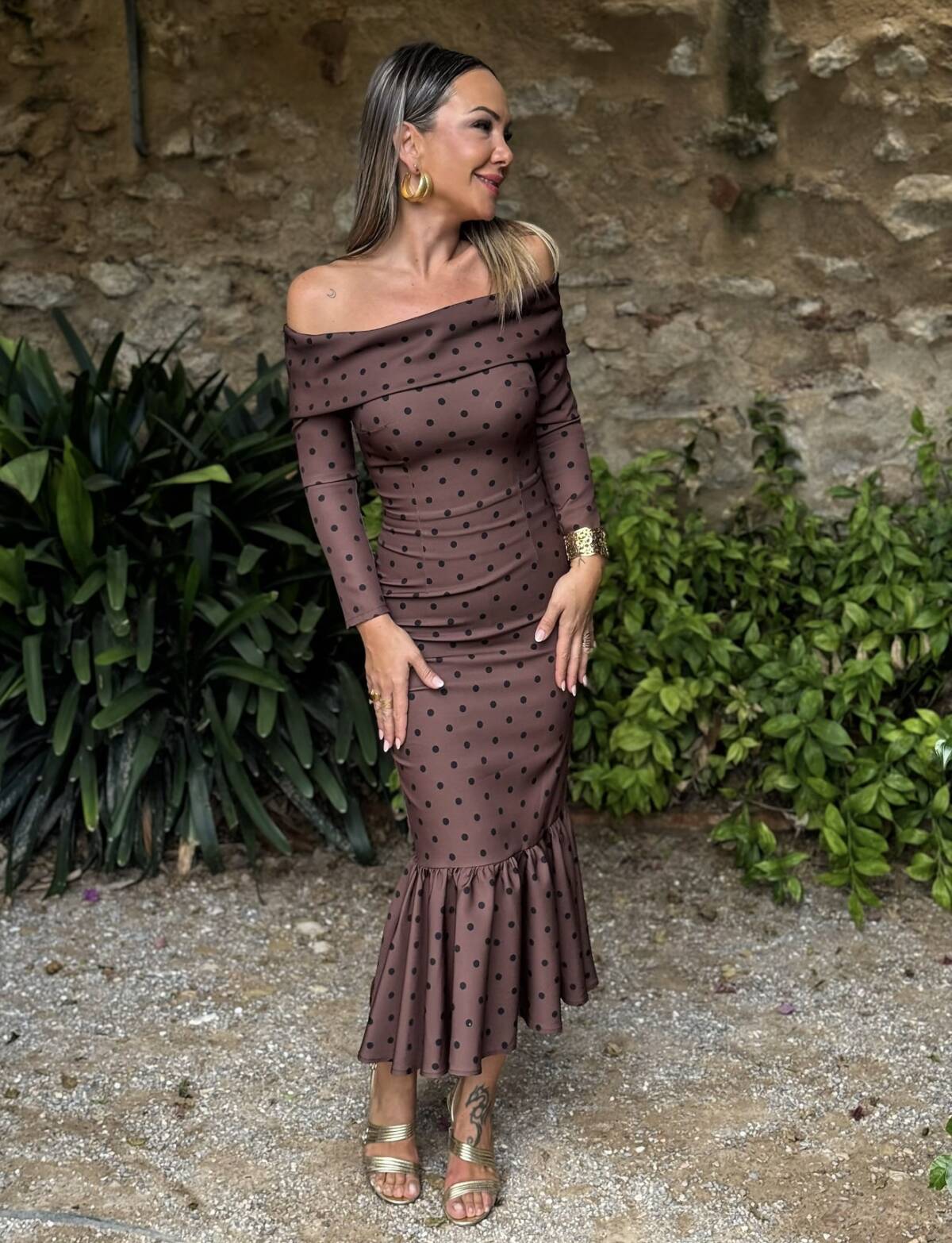 Vestido Bardot Cuello Lunar Negro - Imagen 3