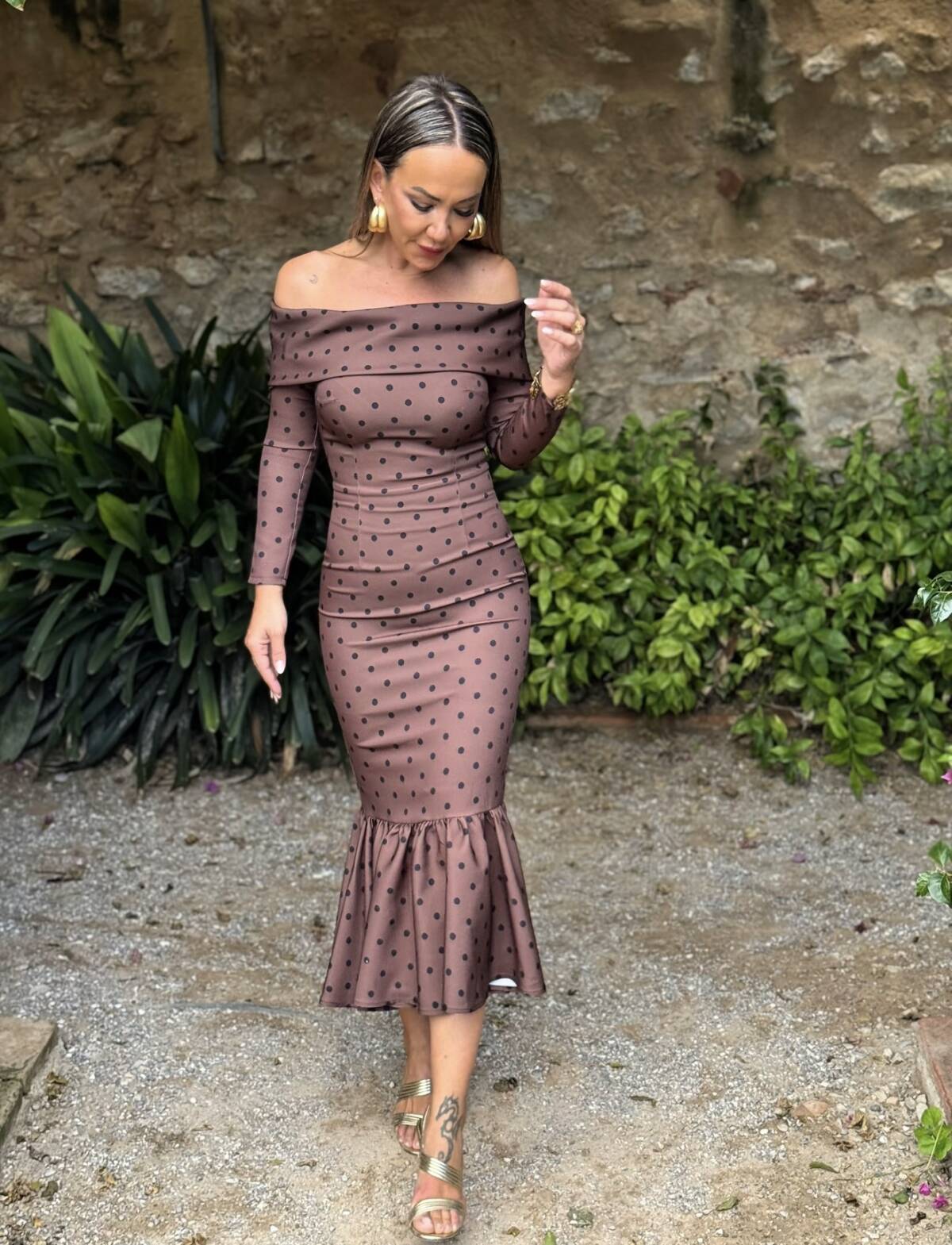 Vestido Bardot Cuello Lunar Negro - Imagen 7