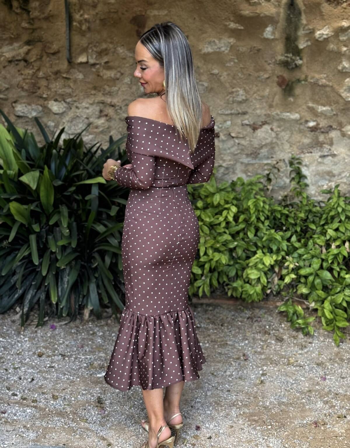 Vestido Bardot Cuello Lunar Crudo - Imagen 7