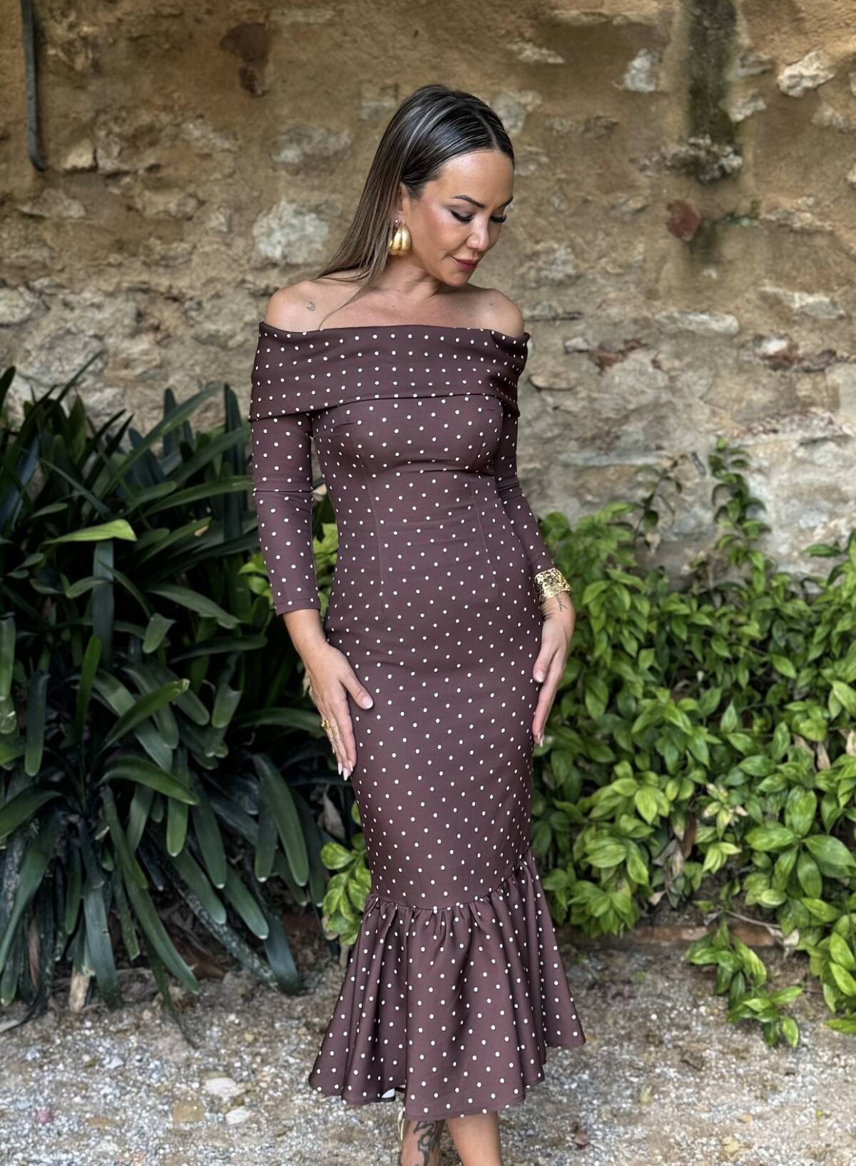 Vestido Bardot Cuello Lunar Crudo - Imagen 8