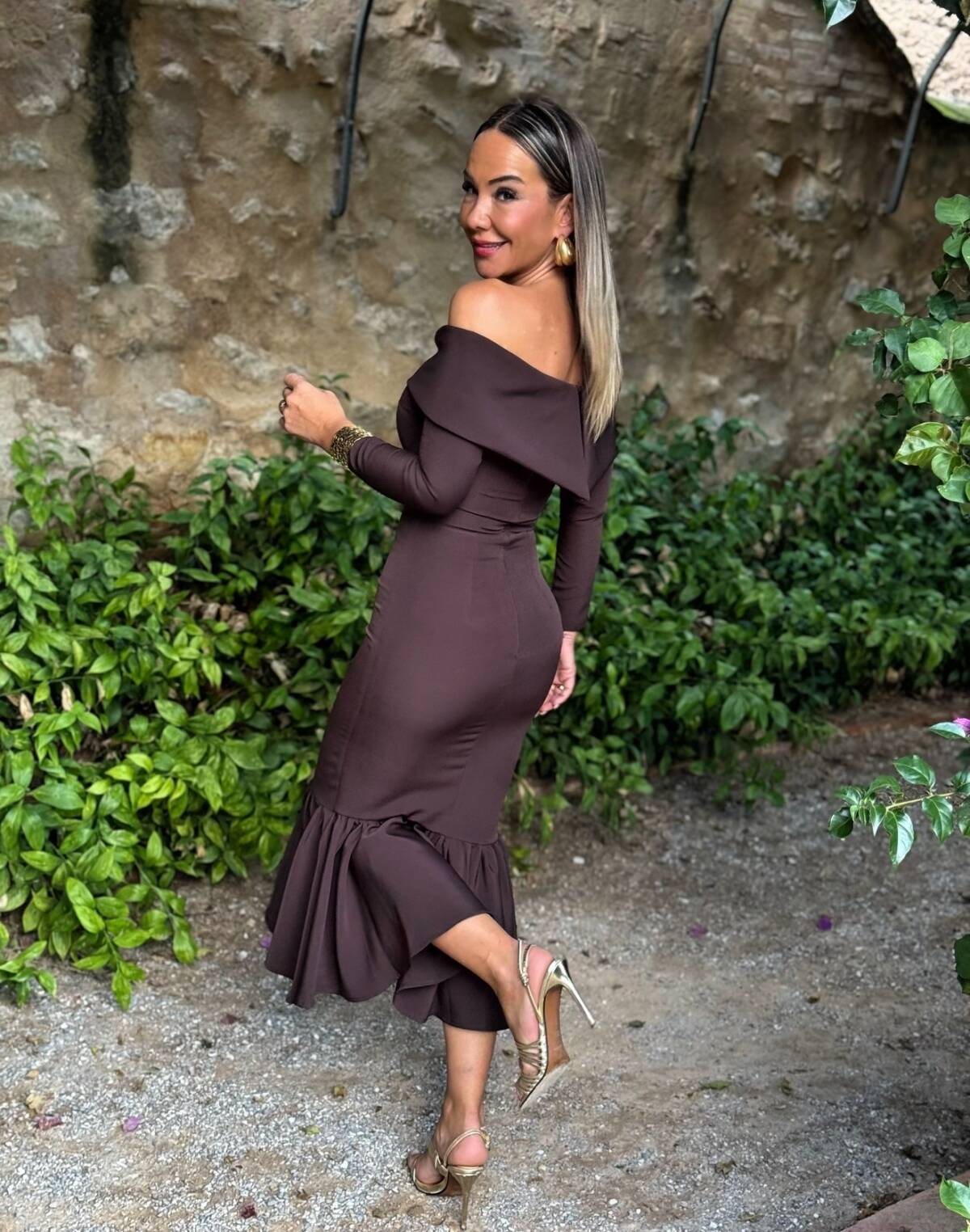 Vestido Bardot Cuello Marrón - Imagen 6