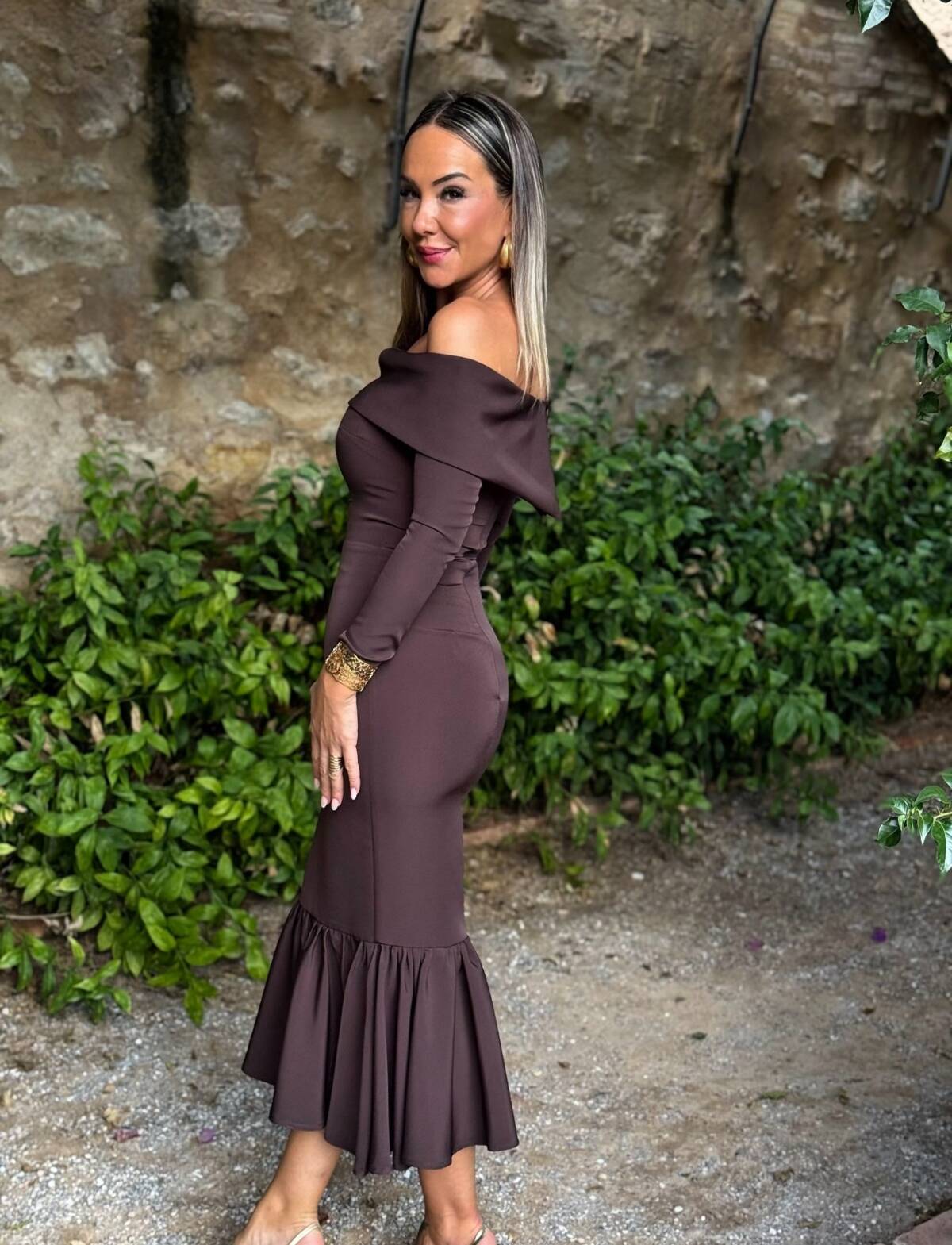 Vestido Bardot Cuello Marrón - Imagen 2