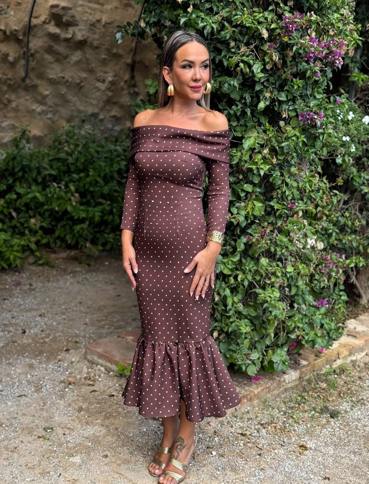 Vestido Bardot Cuello Lunar Crudo - Imagen 6