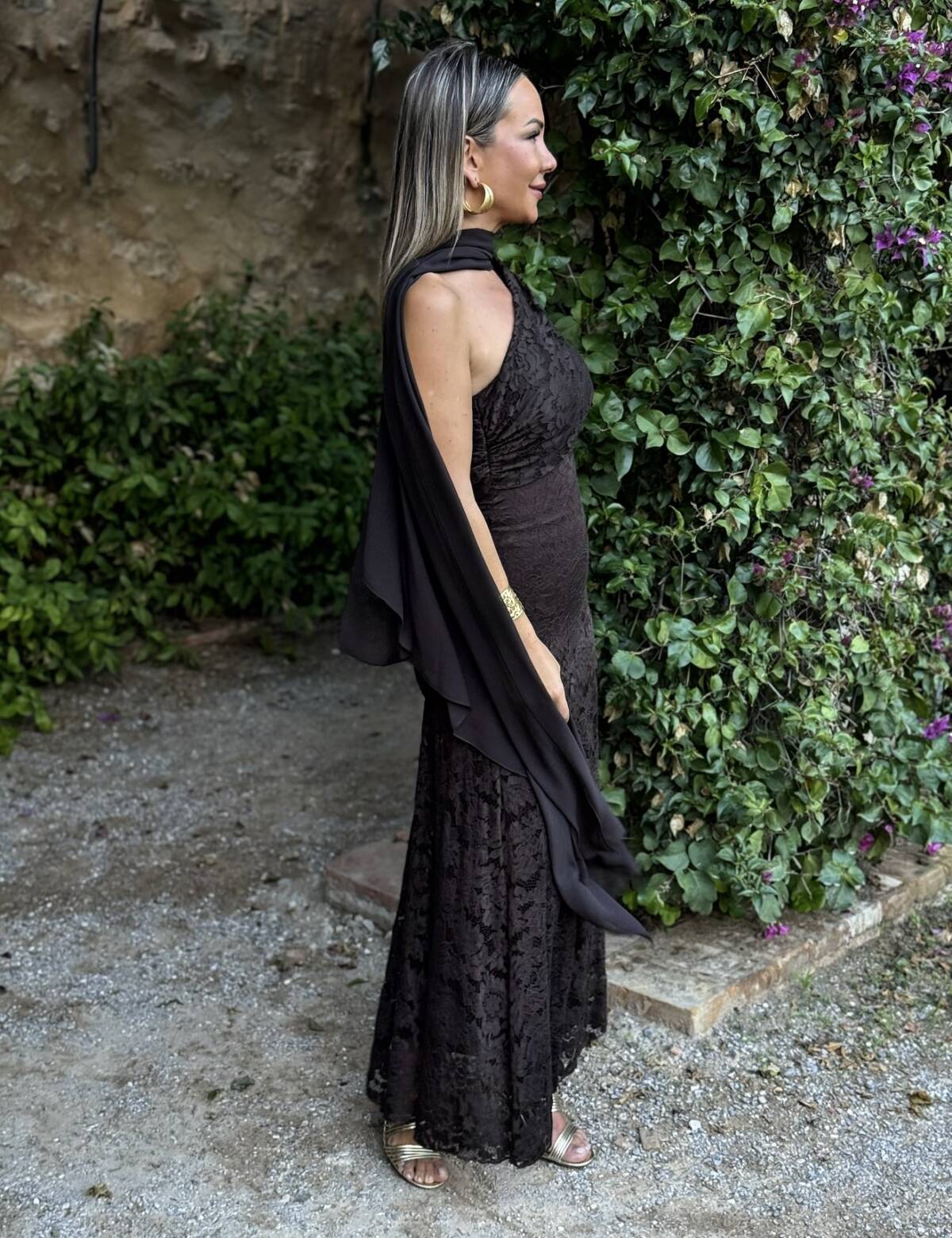 Vestido Encaje Asimétrico Marrón - Imagen 5