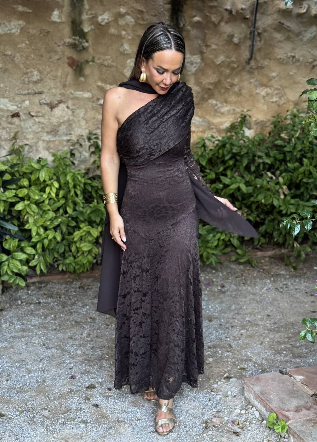 Vestido Encaje Asimétrico Marrón - Imagen 2