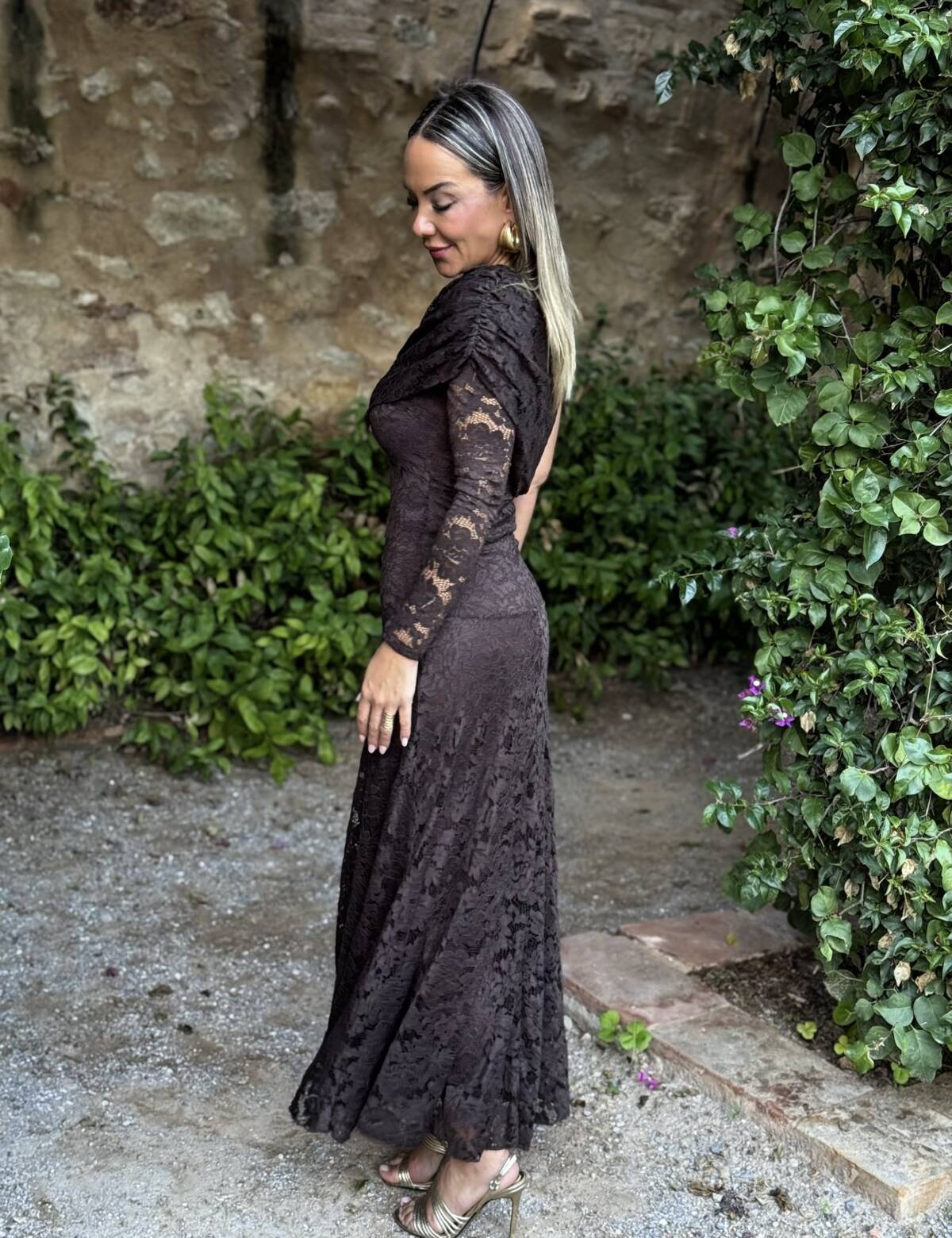 Vestido Encaje Asimétrico Marrón - Imagen 4