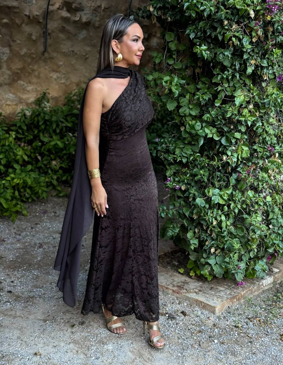 Vestido Encaje Asimétrico Marrón - Imagen 7