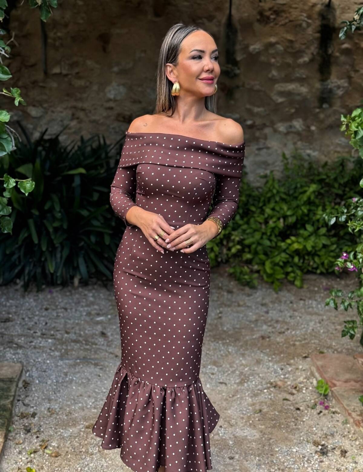 Vestido Bardot Cuello Lunar Crudo - Imagen 5