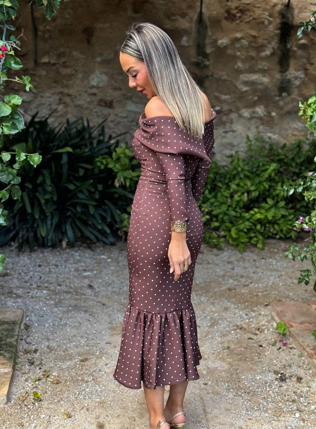 Vestido Bardot Cuello Lunar Crudo - Imagen 4