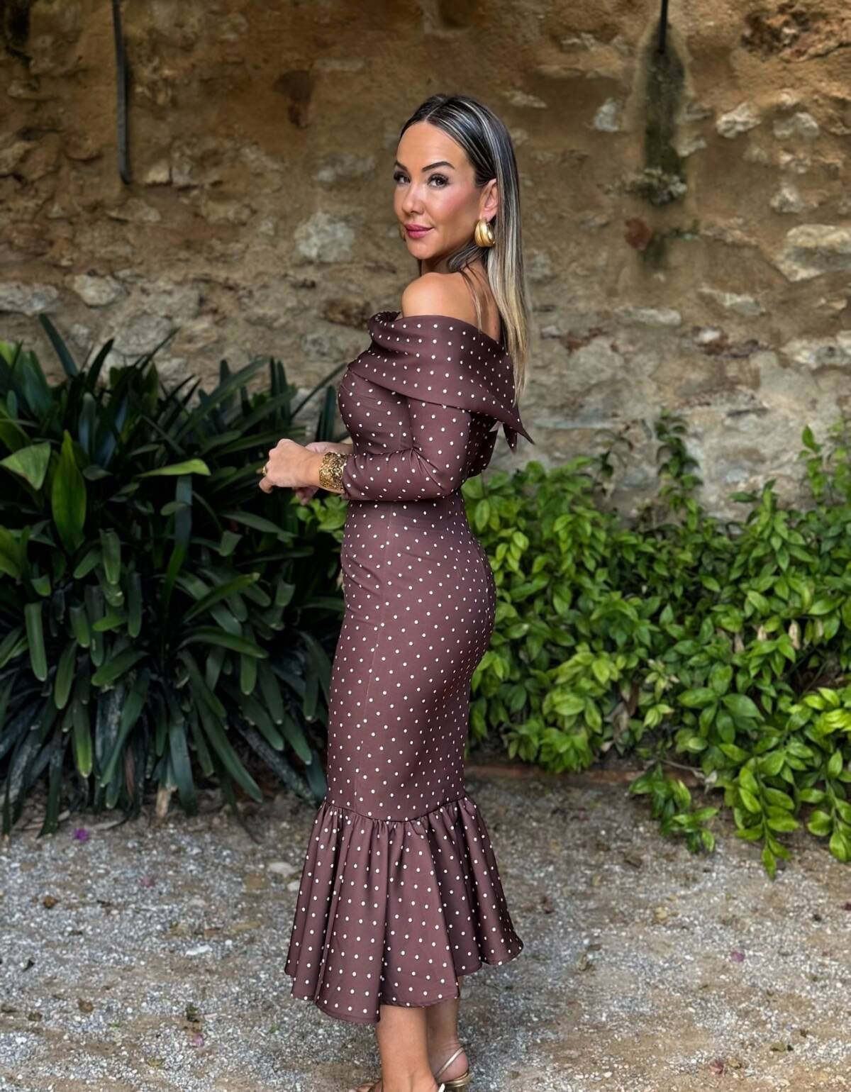 Vestido Bardot Cuello Lunar Crudo - Imagen 2