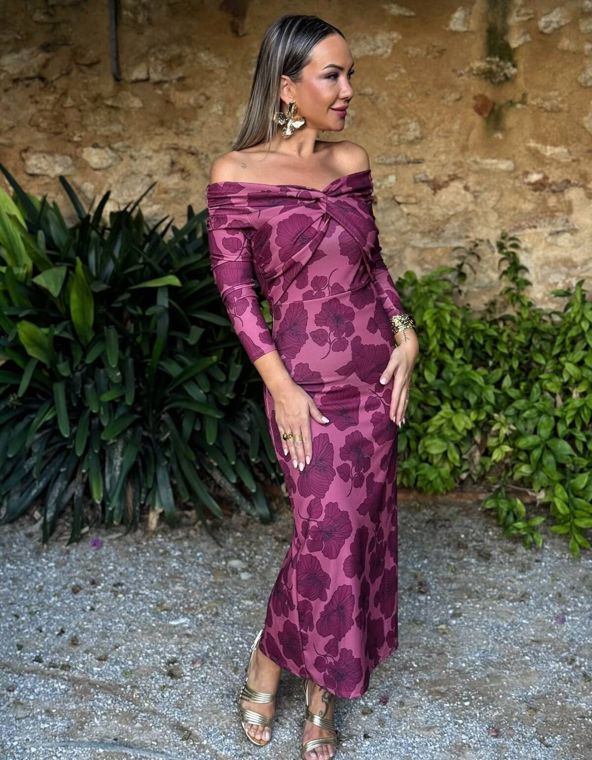 Vestido Bardot Estampado Buganvilla - Imagen 1