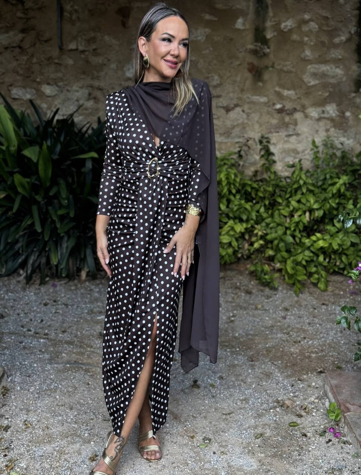 Vestido Lunares Aplique Dorado Marrón - Imagen 5