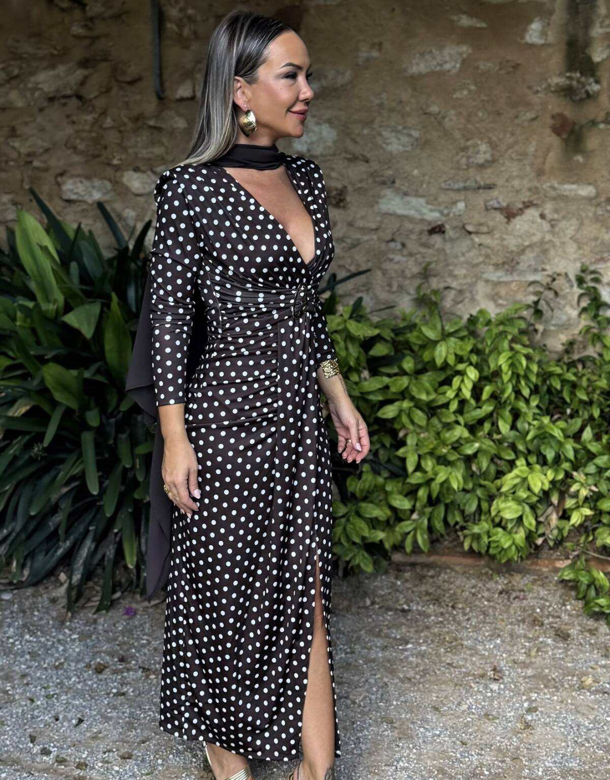 Vestido Lunares Aplique Dorado Marrón - Imagen 4