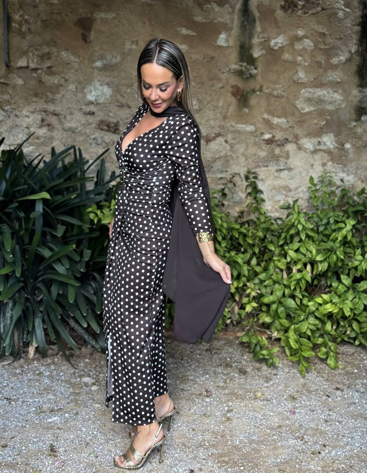 Vestido Lunares Aplique Dorado Marrón - Imagen 8