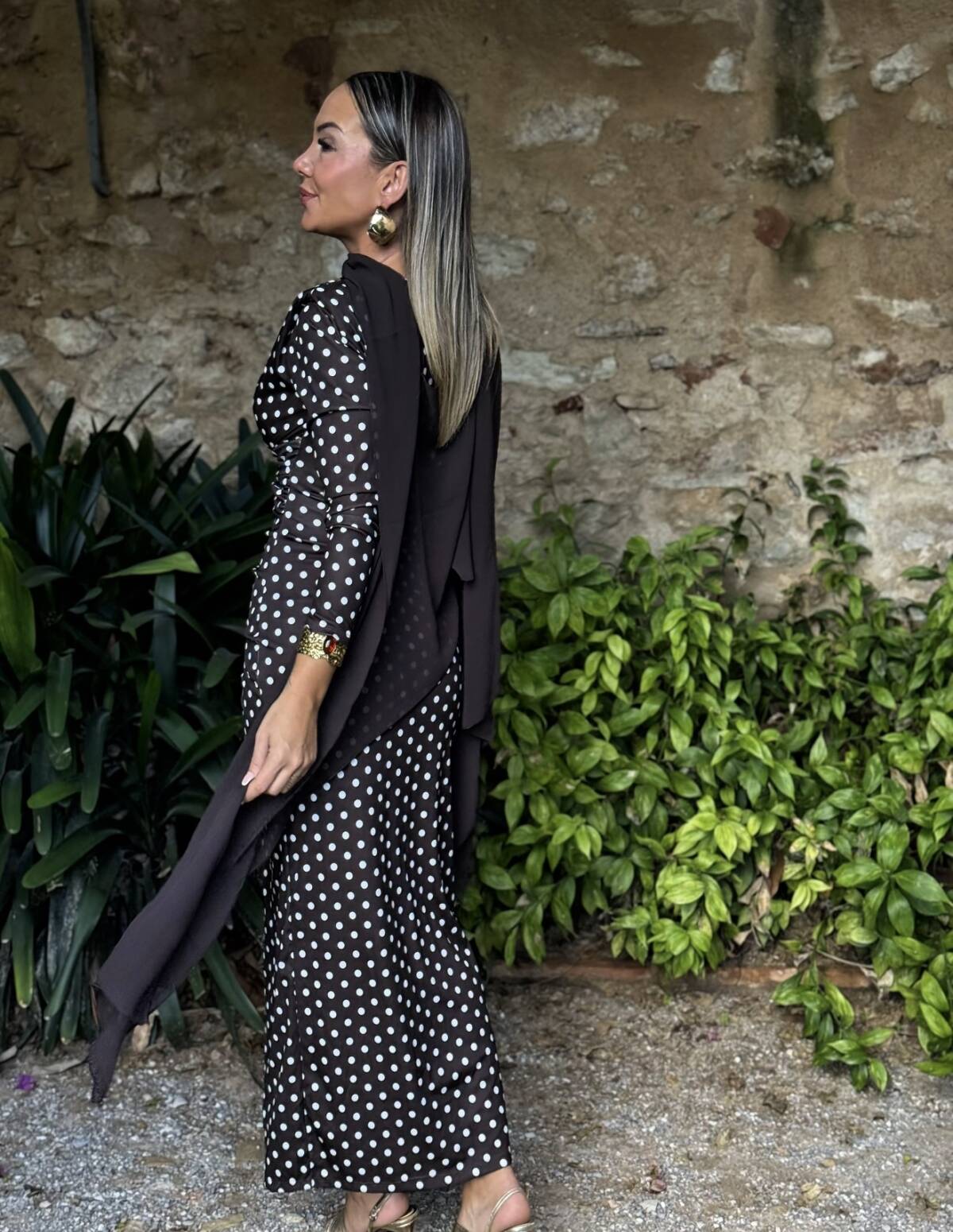 Vestido Lunares Aplique Dorado Marrón - Imagen 2