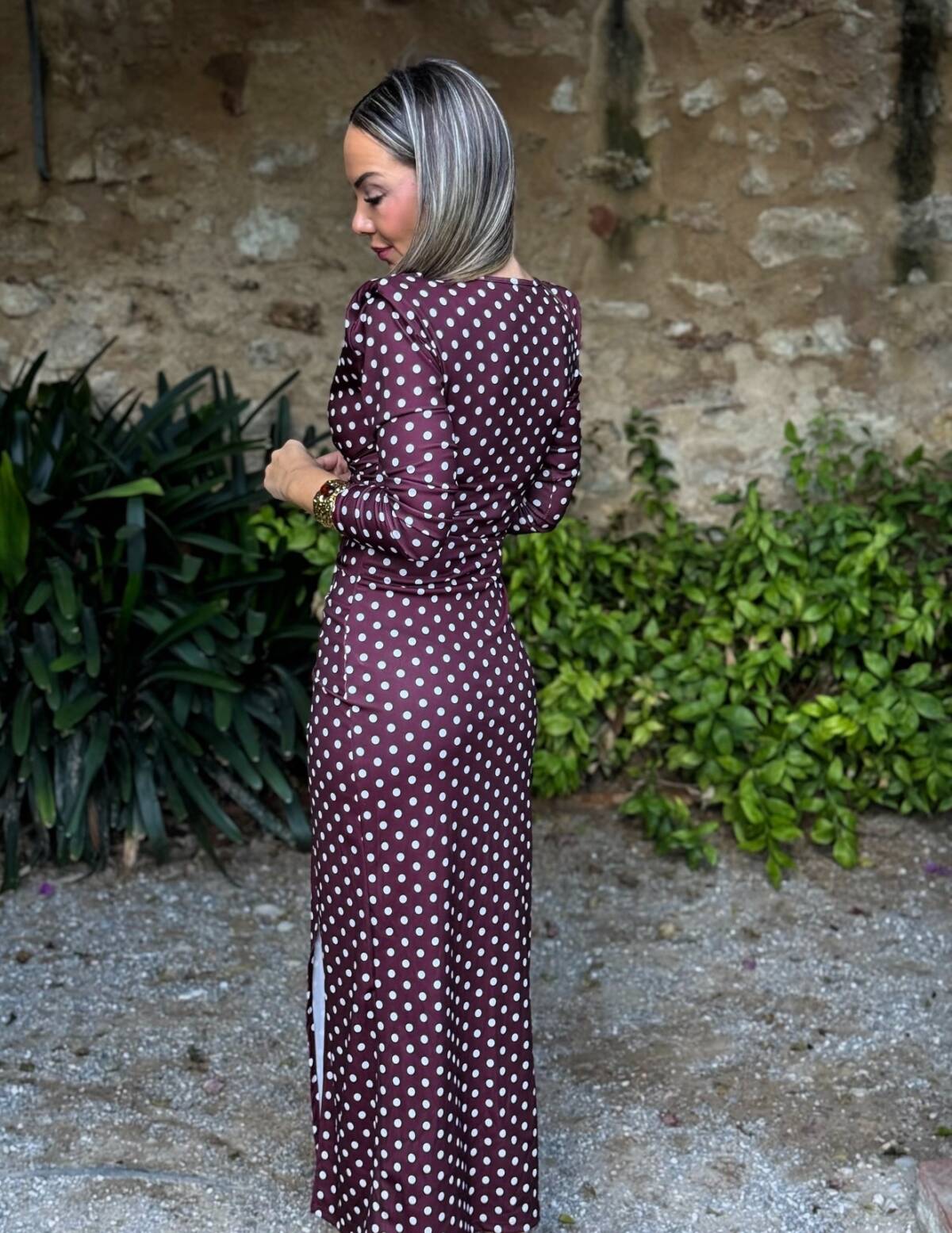 Vestido Lunares Aplique Dorado Vino - Imagen 4