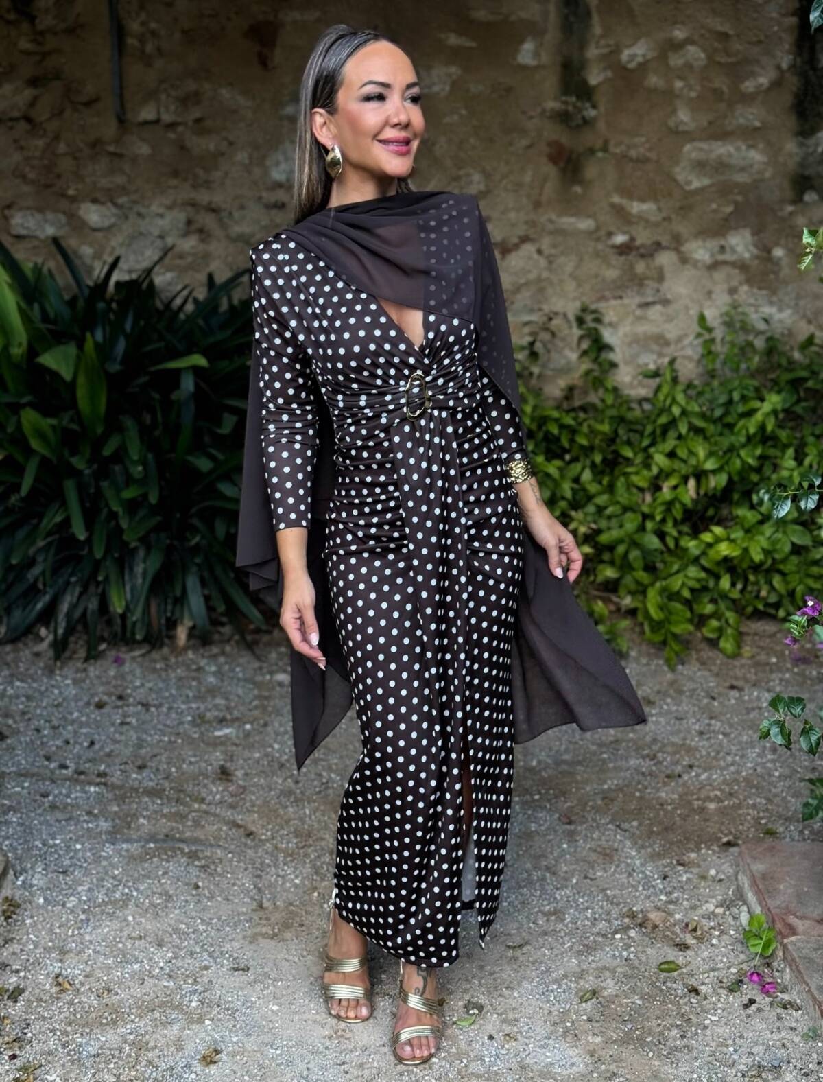 Vestido Lunares Aplique Dorado Marrón - Imagen 7