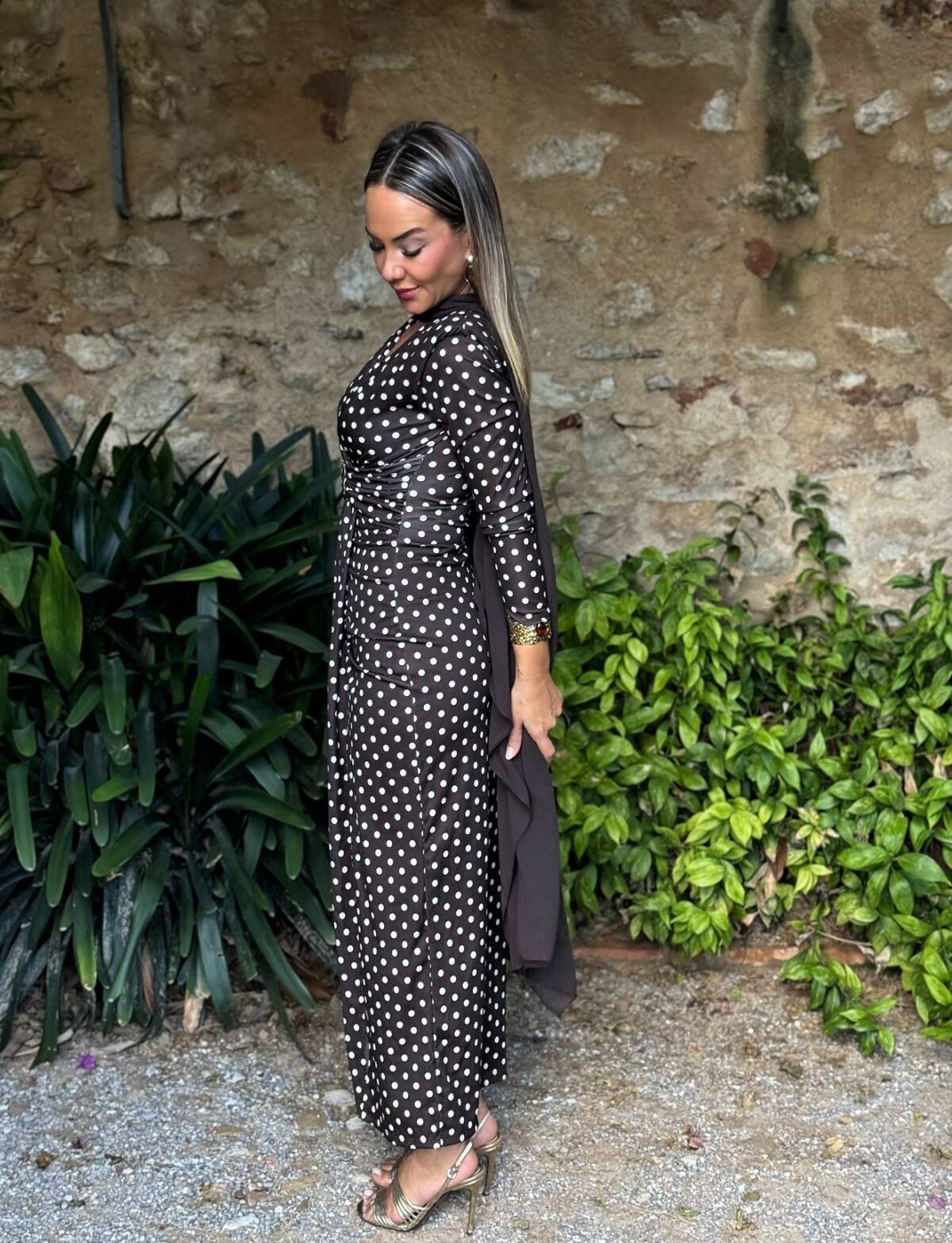 Vestido Lunares Aplique Dorado Marrón - Imagen 6