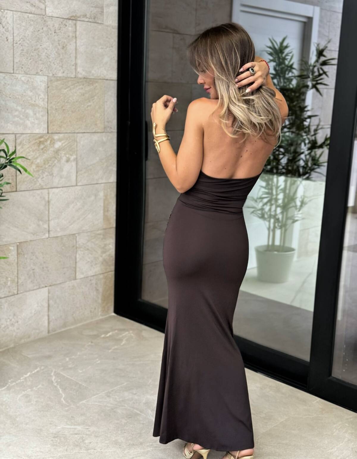 Vestido Escote Collar Marrón - Imagen 4