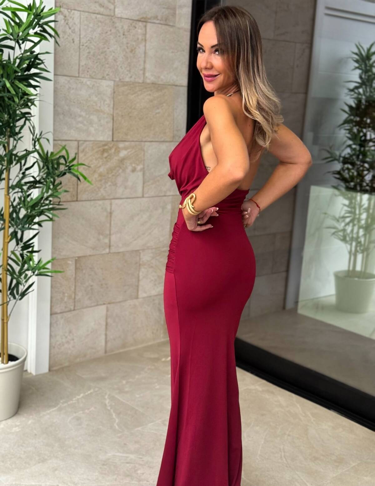 Vestido Escote Collar Vino - Imagen 2