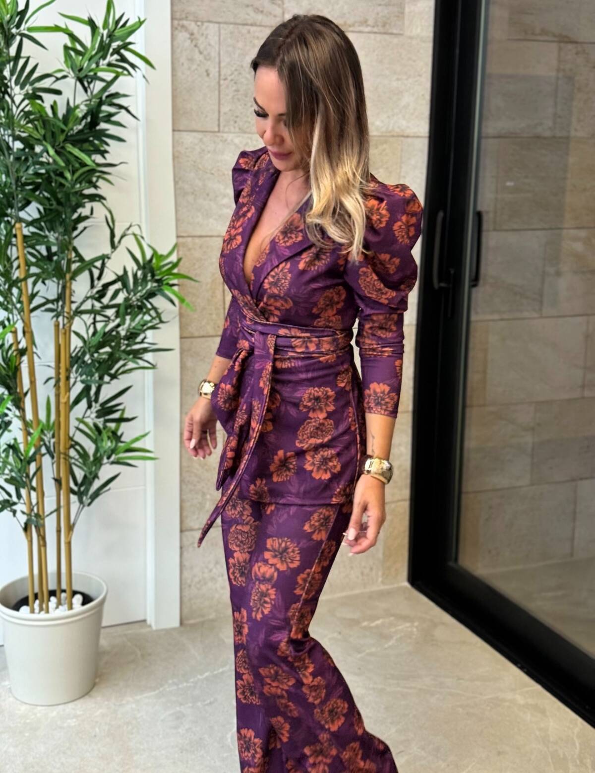 Conjunto Fajín Estampado Flor Morado Naranja - Imagen 4