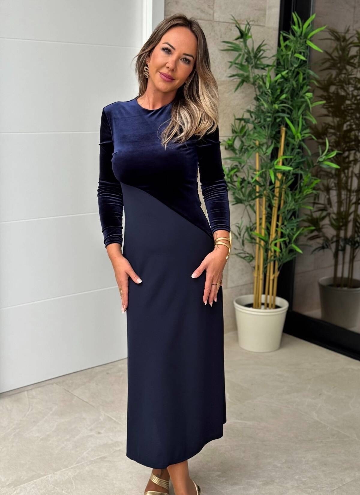 Vestido Bicolor Terciopelo Marino - Imagen 4
