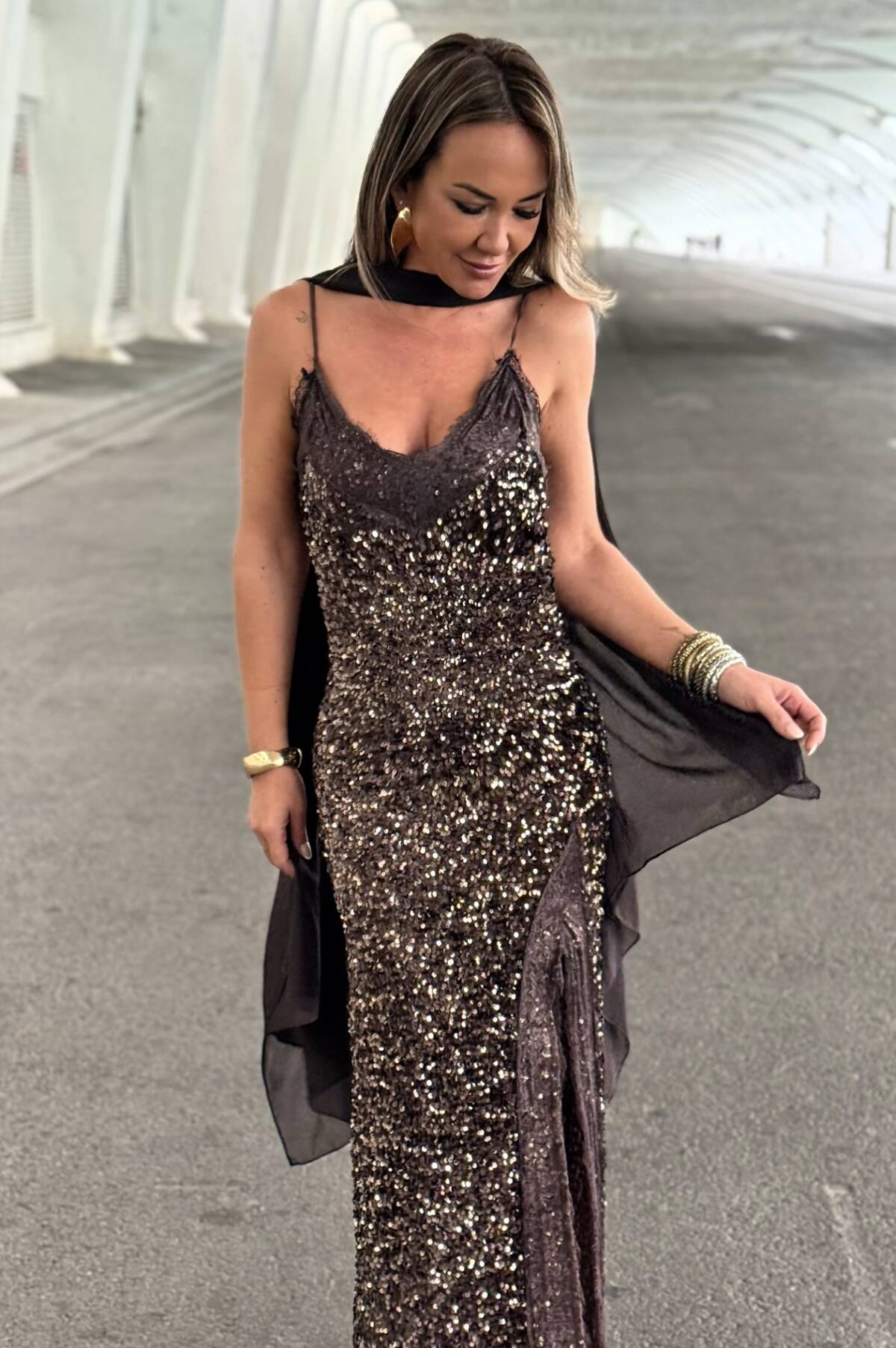 Vestido Lentejuela Encaje Marrón - Imagen 6
