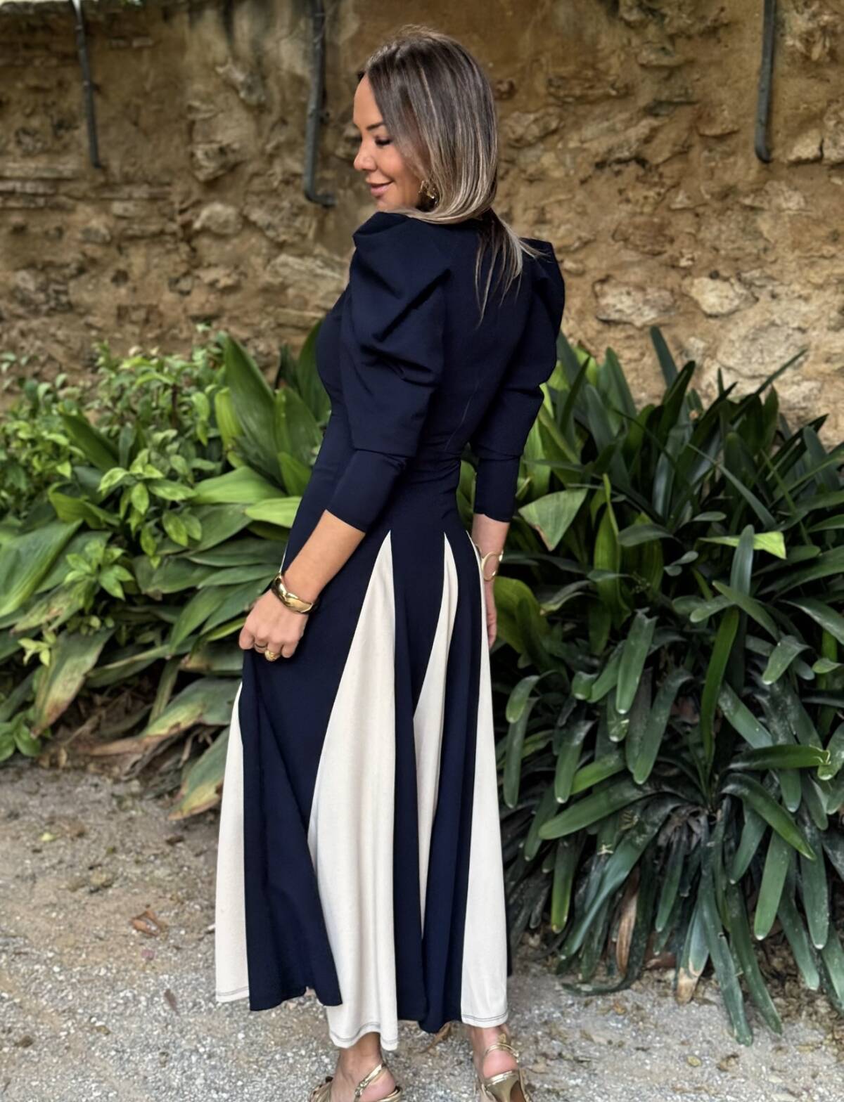 Vestido Bicolor Manga Abullonada Marino - Imagen 3