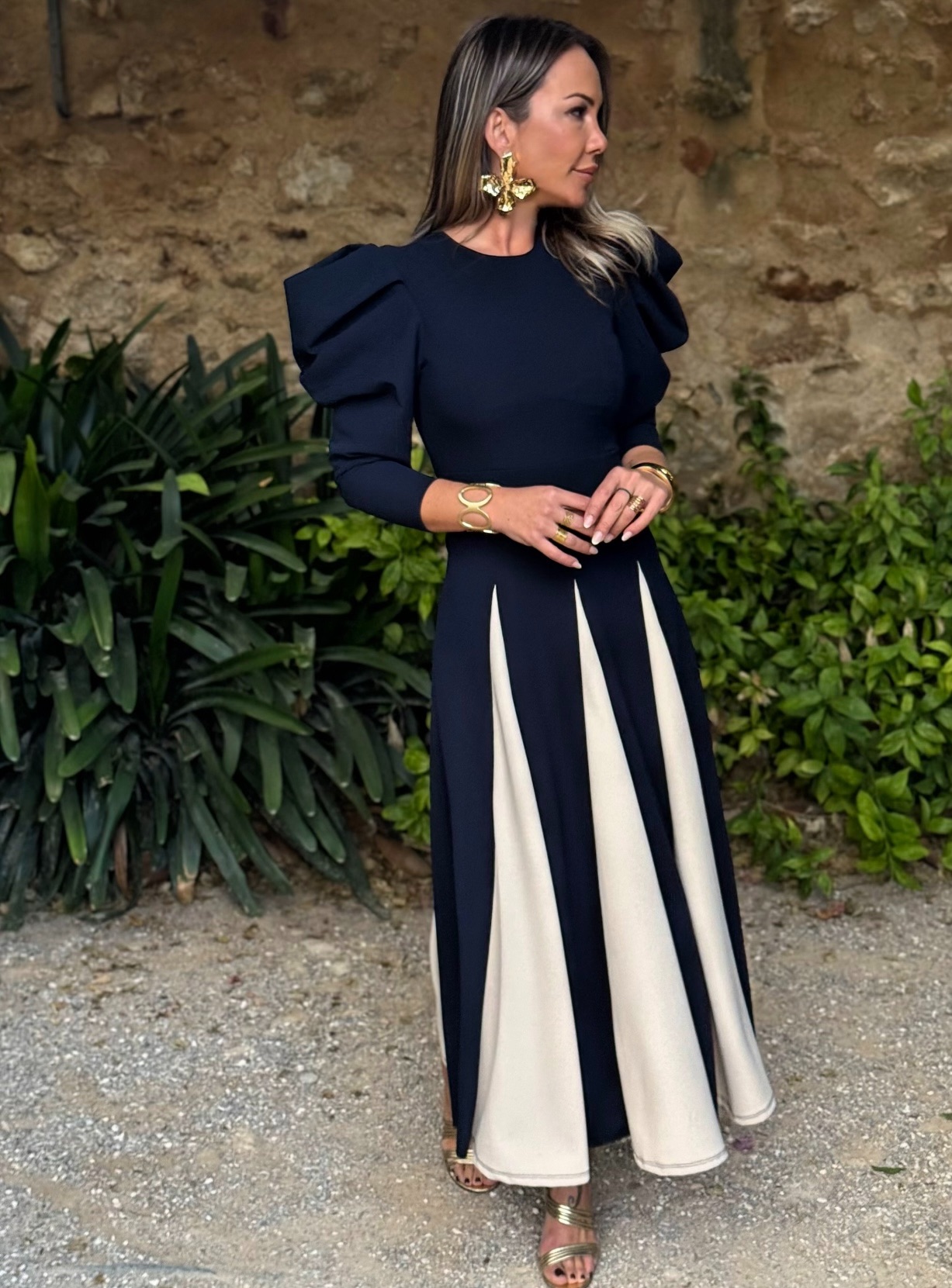 Screenshot Vestido Bicolor Manga Abullonada Marino - Imagen 1