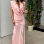 Vestido Largo Escote Drapeado Rosa-Nude