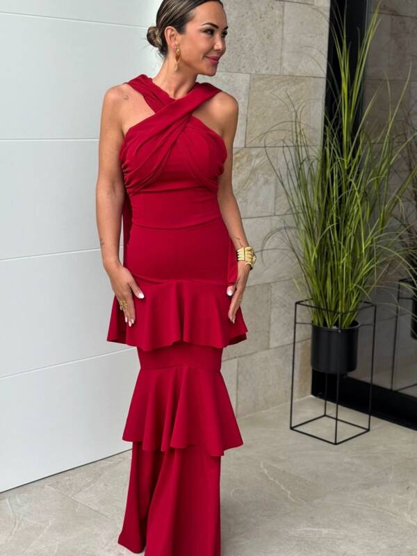 Vestido Volantes Cruzado Cereza