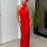 Vestido Fular Gasa Cuello Rojo