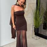 Vestido Palabra de Honor Gasa Marrón